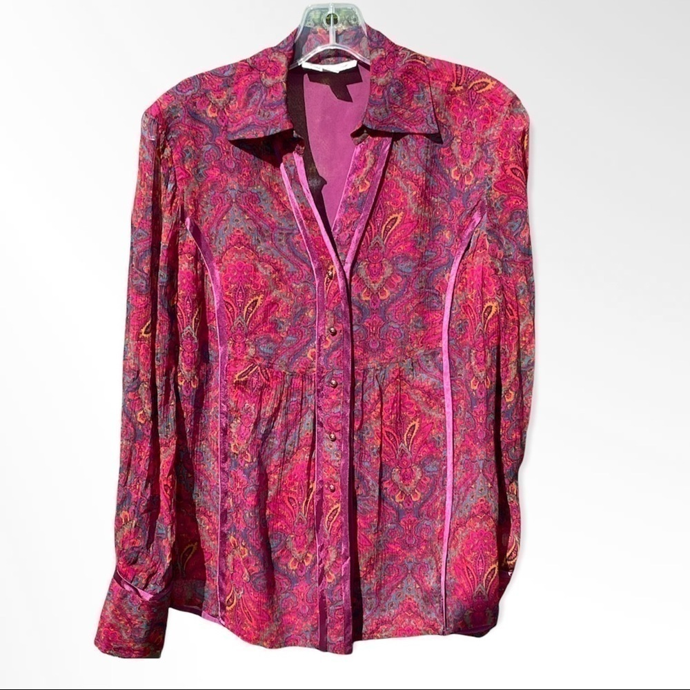 Coldwater Creek Silk Blouse, Button Down, Empire Waist Sheer Sleeves, Lined, Sm 